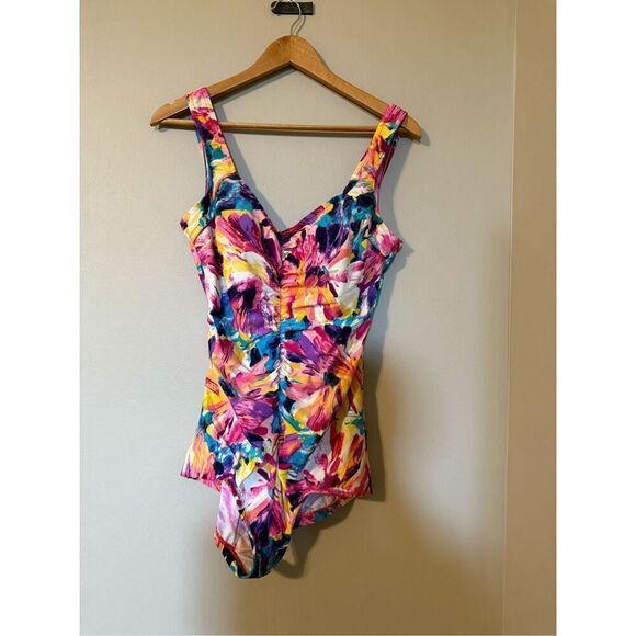 Maxine Of Hollywood Sz 14 Shirred One Piece Swimsuit Sunburst Colorful Tropical - Picture 2 of 7